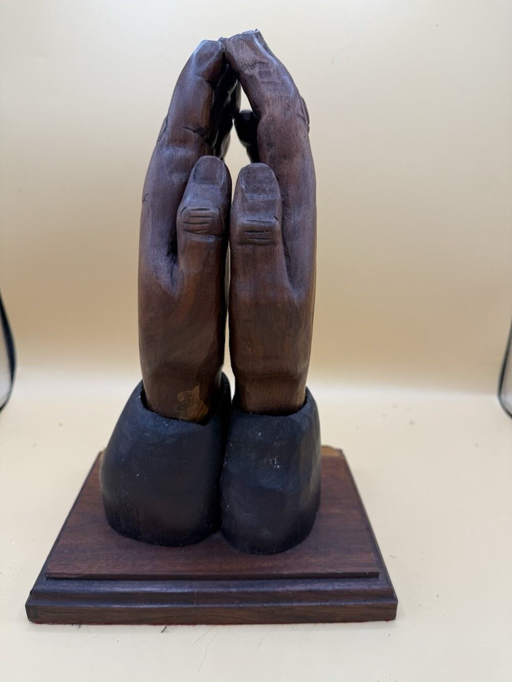 Vintage Hand Carved Wood Praying Hands Sculpture Signed WD 1981 Folk Art